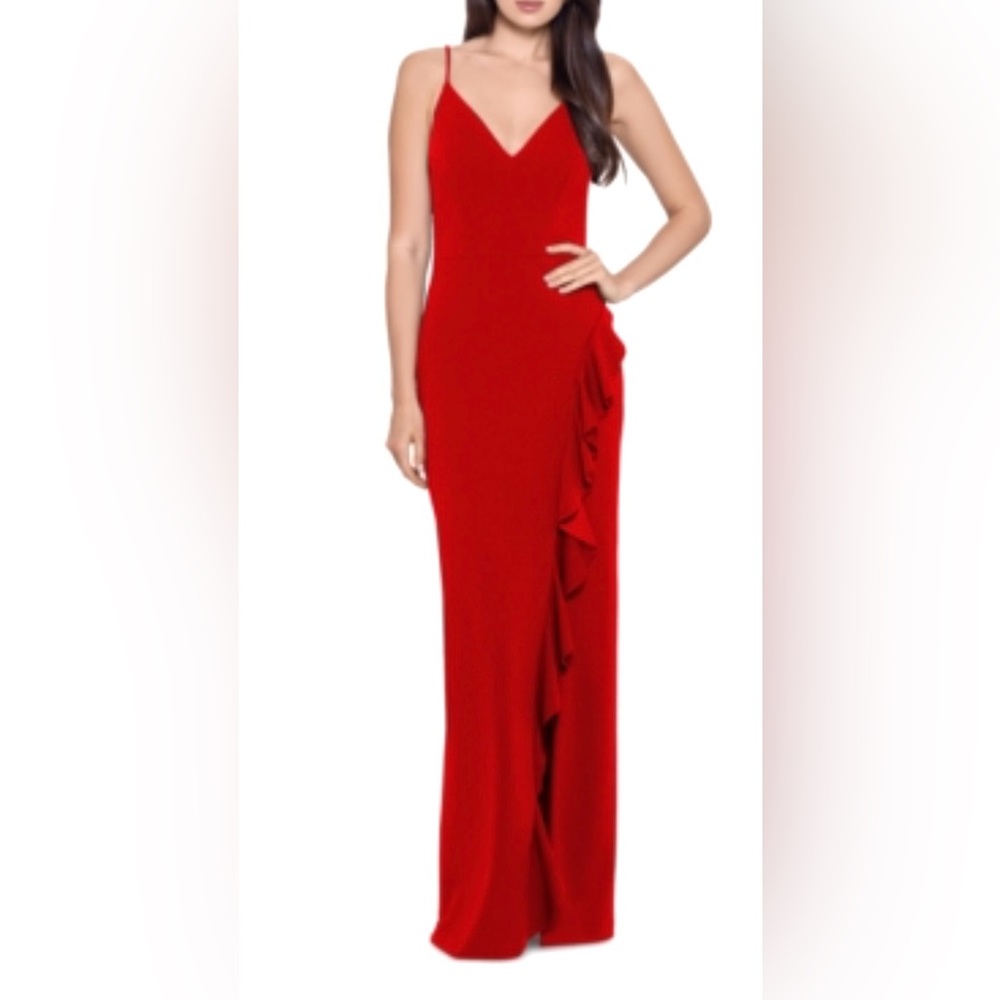 Xscape Long Ruffled Evening Gown, Size 10 RED,  Spaghetti Strap Scuba crepe